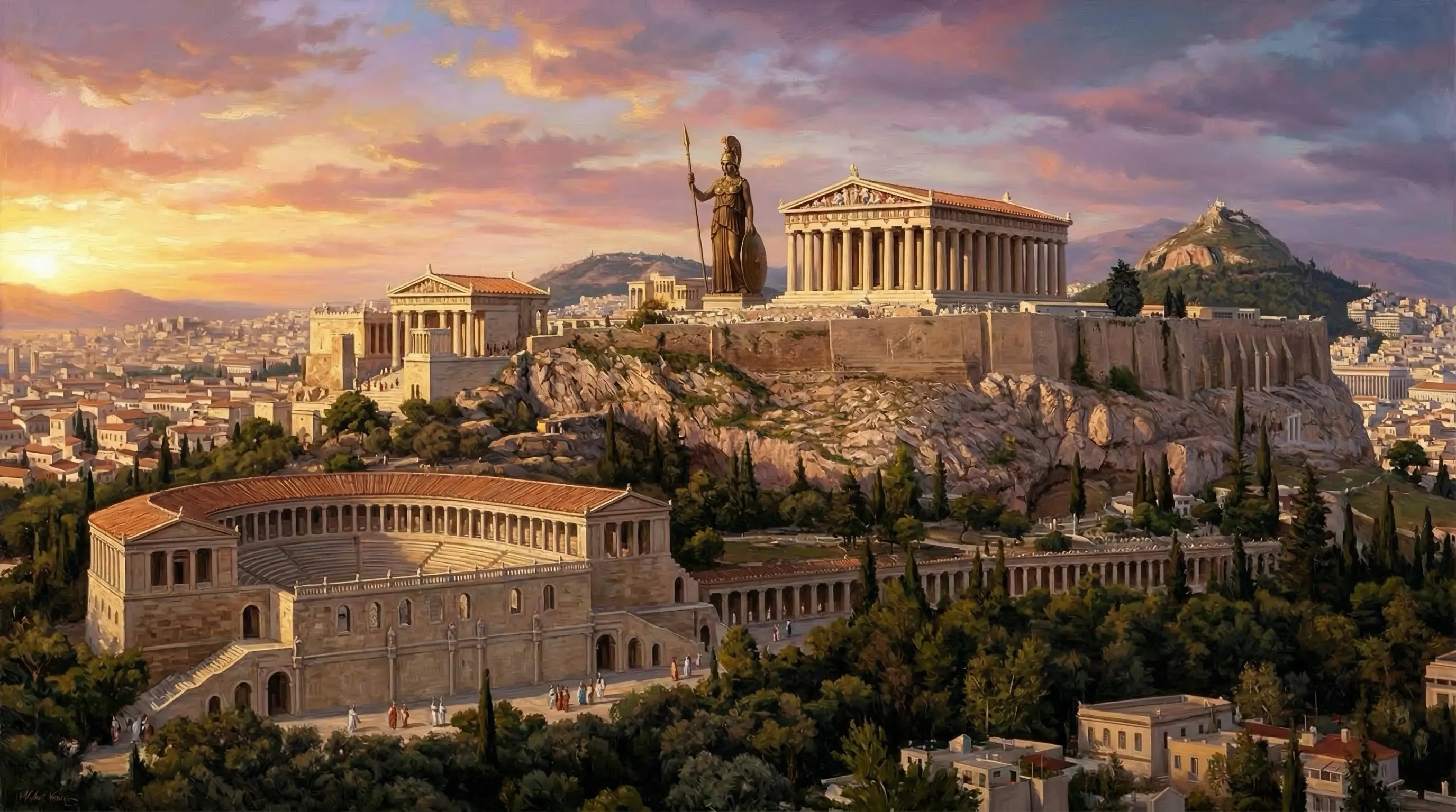 Panoramic view of the ancient Athenian Acropolis with classical Greek architecture and sunset sky.